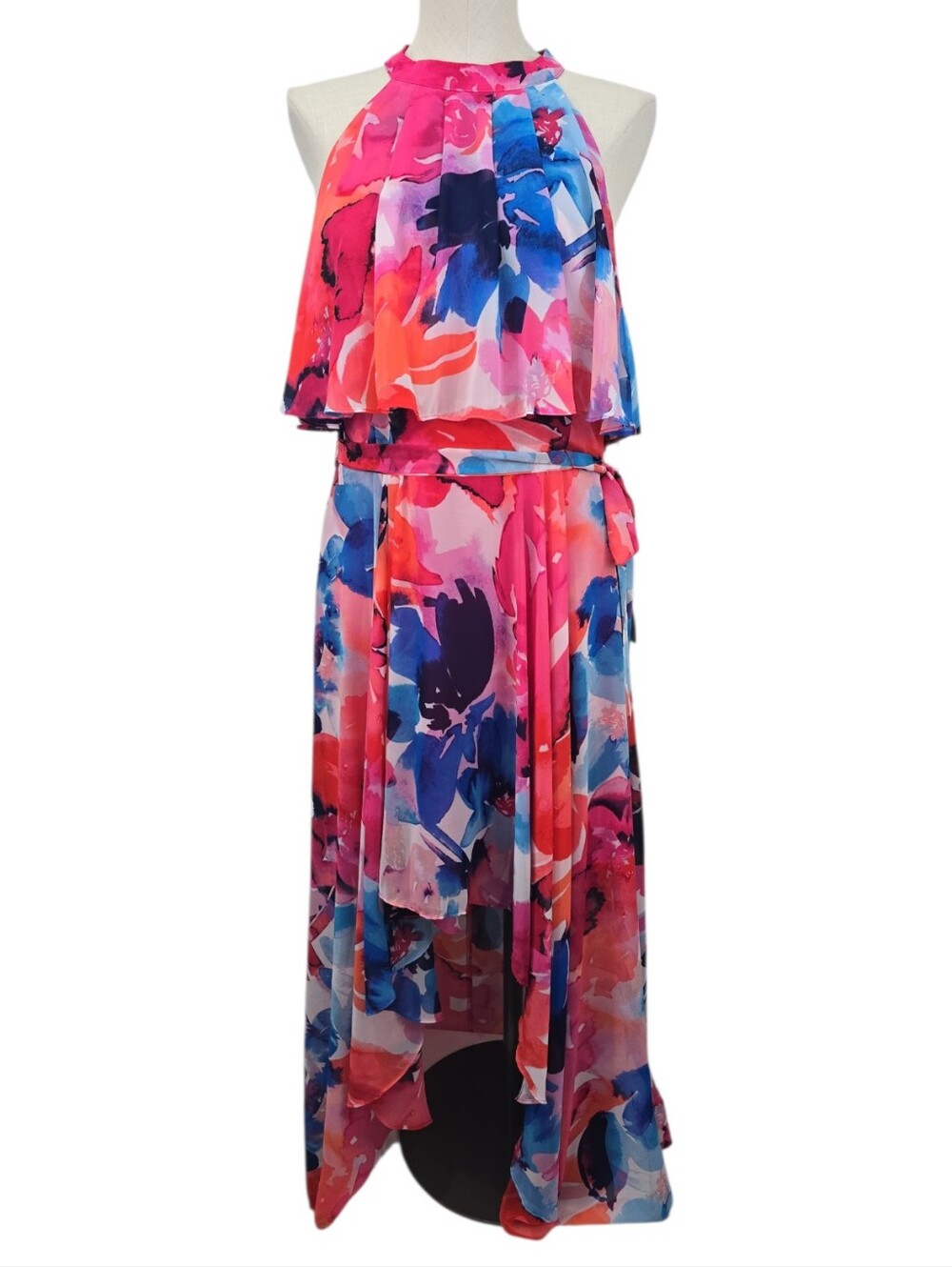 ELIZA J Floral Midi Popover Hi-Low Dress Size 14 Colorful Design NWT Tie Waist